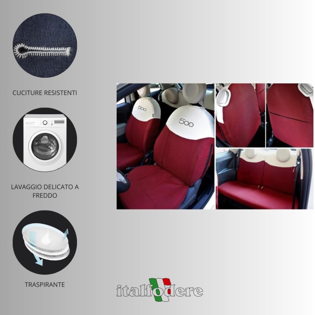 Italfodere - Coprisedili Auto Anteriori e Posteriori - Compatibili con Fiat 500 - Fatti a Mano - Cotone - Gommapiuma - Poliestere - Accessori Auto Interno - Made in Italy - (Rosso/Ecrù)
