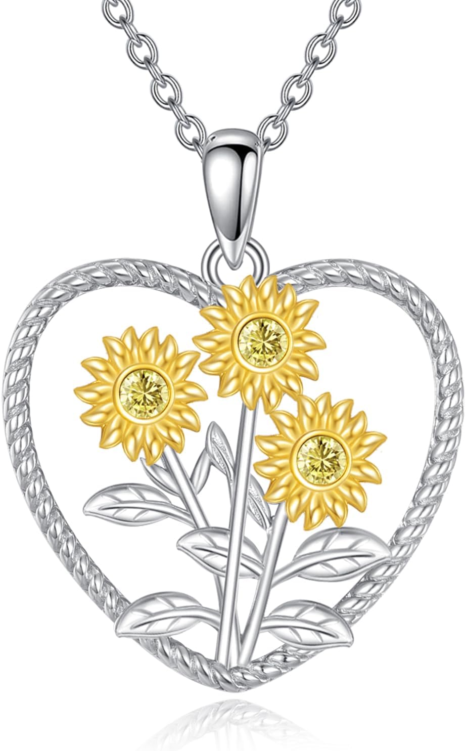 Sunflower Necklace S925 Sterling Silver Heart Pendant Shiny Sunflower Jewelry Gifts for Men Women