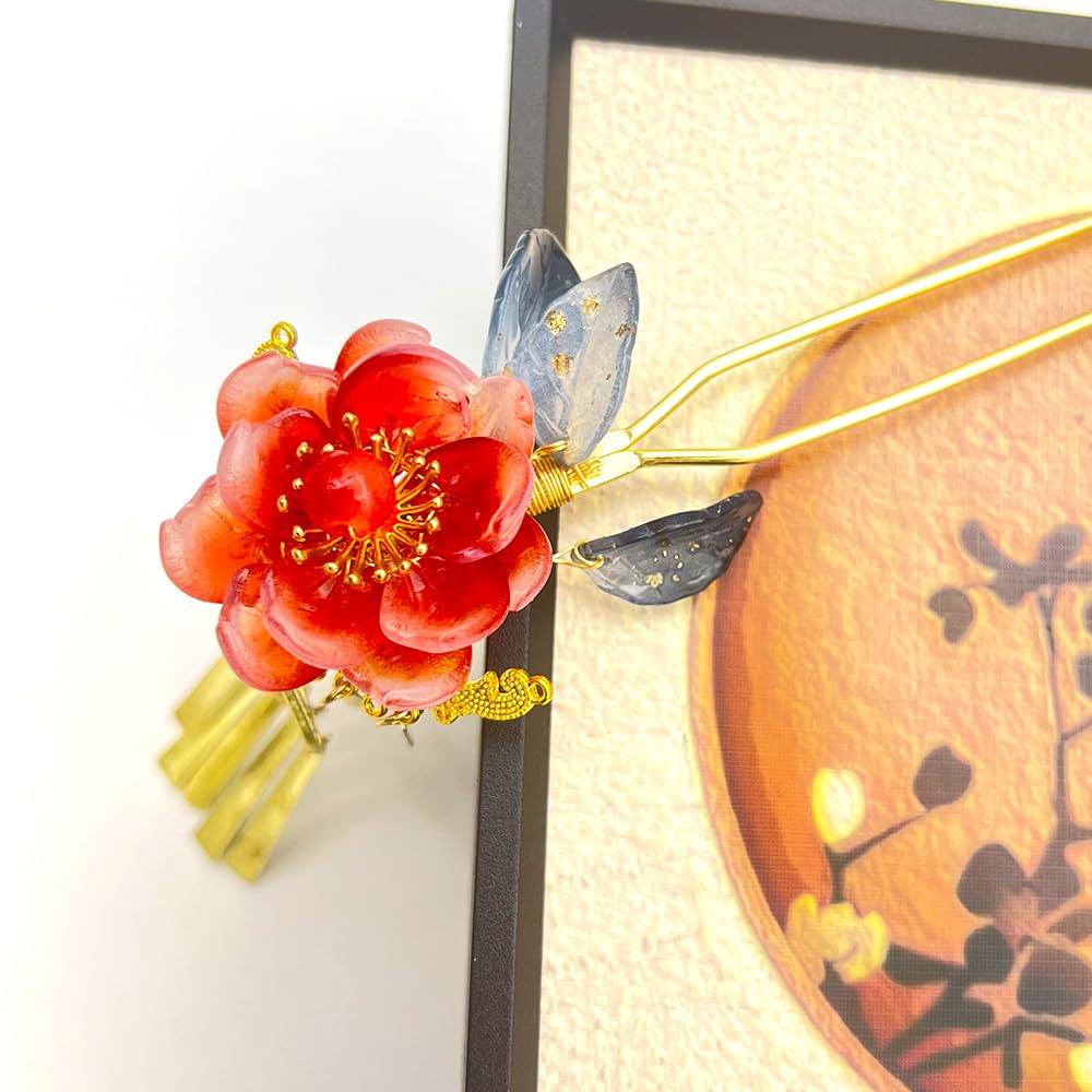 Red Camellia flower with Tassel Hanfu hairpin Chinese ancient hairpin headwear classical hair pin Han element (Red Camellia)