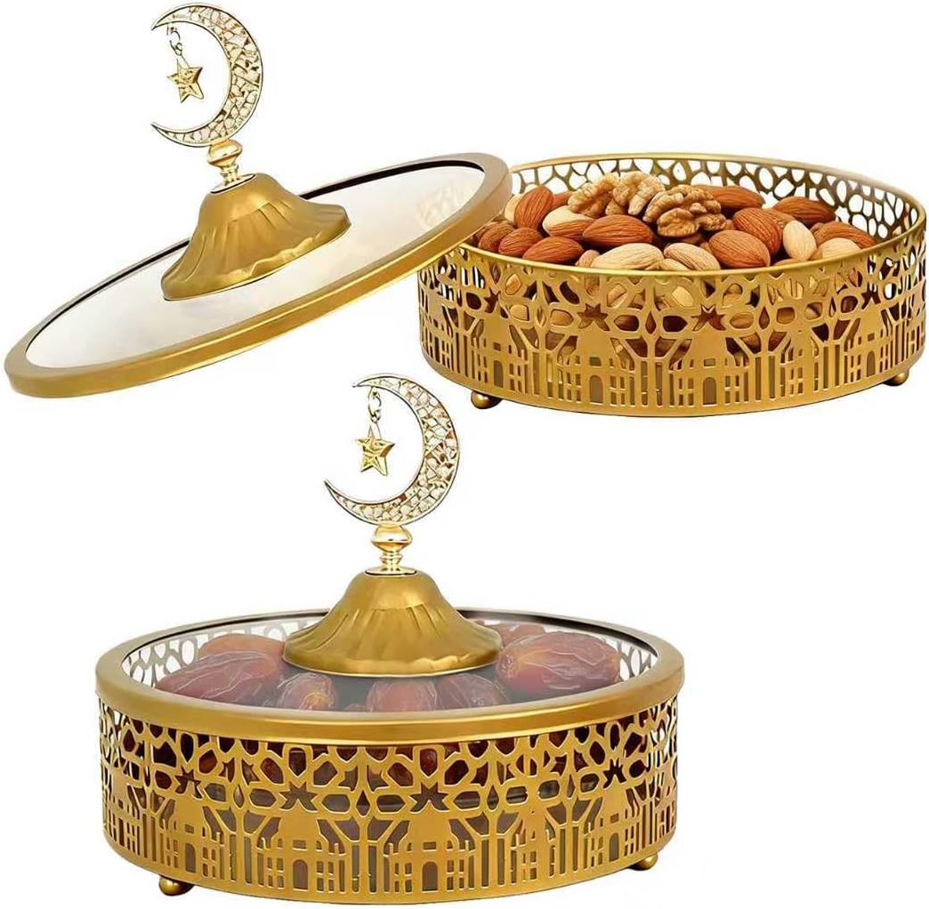 2 Pcs Ramadan Snacks Serving Tray with Lid - Metal Snacks Box for Ramadan & Eid, Handcrafted Arabian Style Serving Dish for Sweets, Nuts, Home Decor Gift