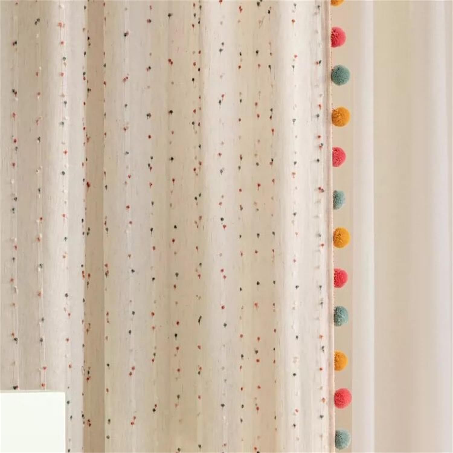 Rideaux Transparents Bohème Arc-en-Ciel avec Pompons, Filtre Lumière, Imitation Lin Rayures, Passe-Tringle pour Chambre Enfant