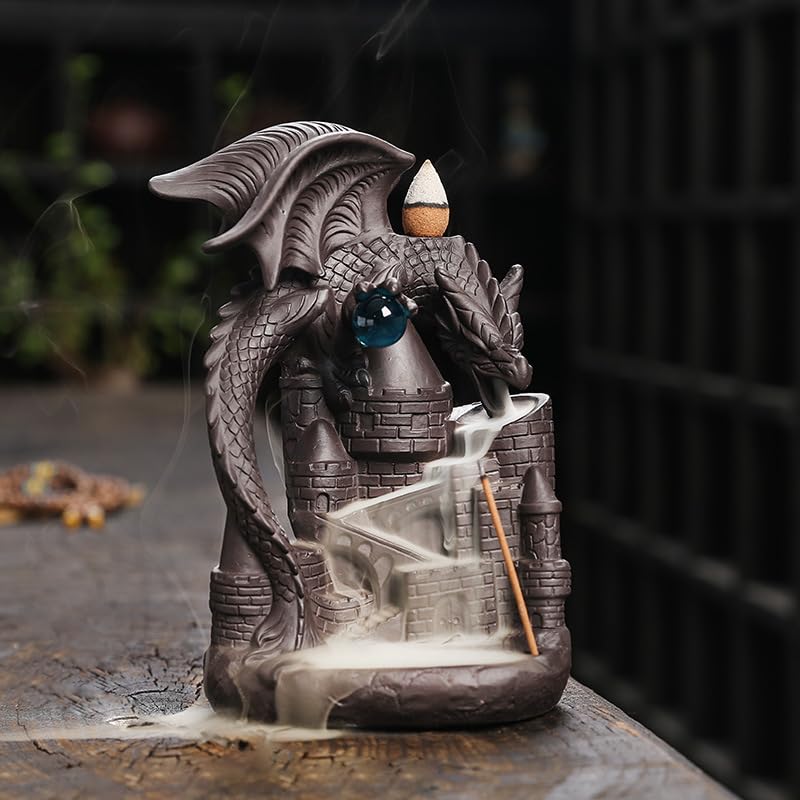 Brûleur d'encens à refoulement en céramique fait à la main en forme de dragon avec 20 cônes à refoulement pour décoration de maison, bureau, yoga et...