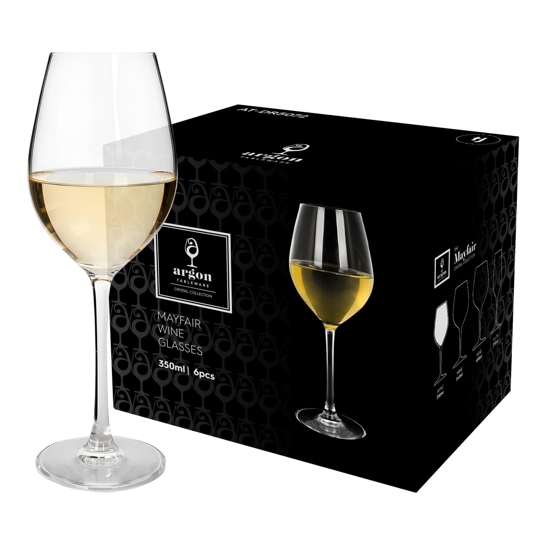 Argon Tableware Mayfair Crystal White Wine Glasses 350ml - Pack of 24, Lead-Free Crystal Wine Glass Set, Tulip Bowl Design, Durable Pulled Stem, Gift Boxed Glassware for Home & Bar