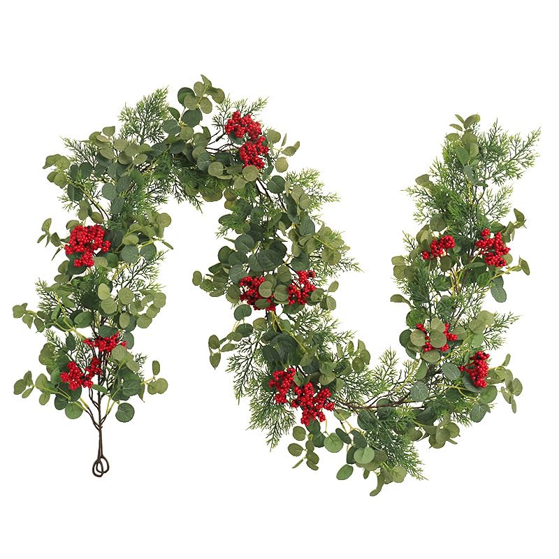 Weihnachtsgirlande 2m Girlande Weihnachten Kieferngirlande Tannengirlande Künstlich wie echt, Grüne Kiefer Eukalyptus Rote Beeren Girlande Tannengrün, Christmas Garland Treppen Outdoor Deko