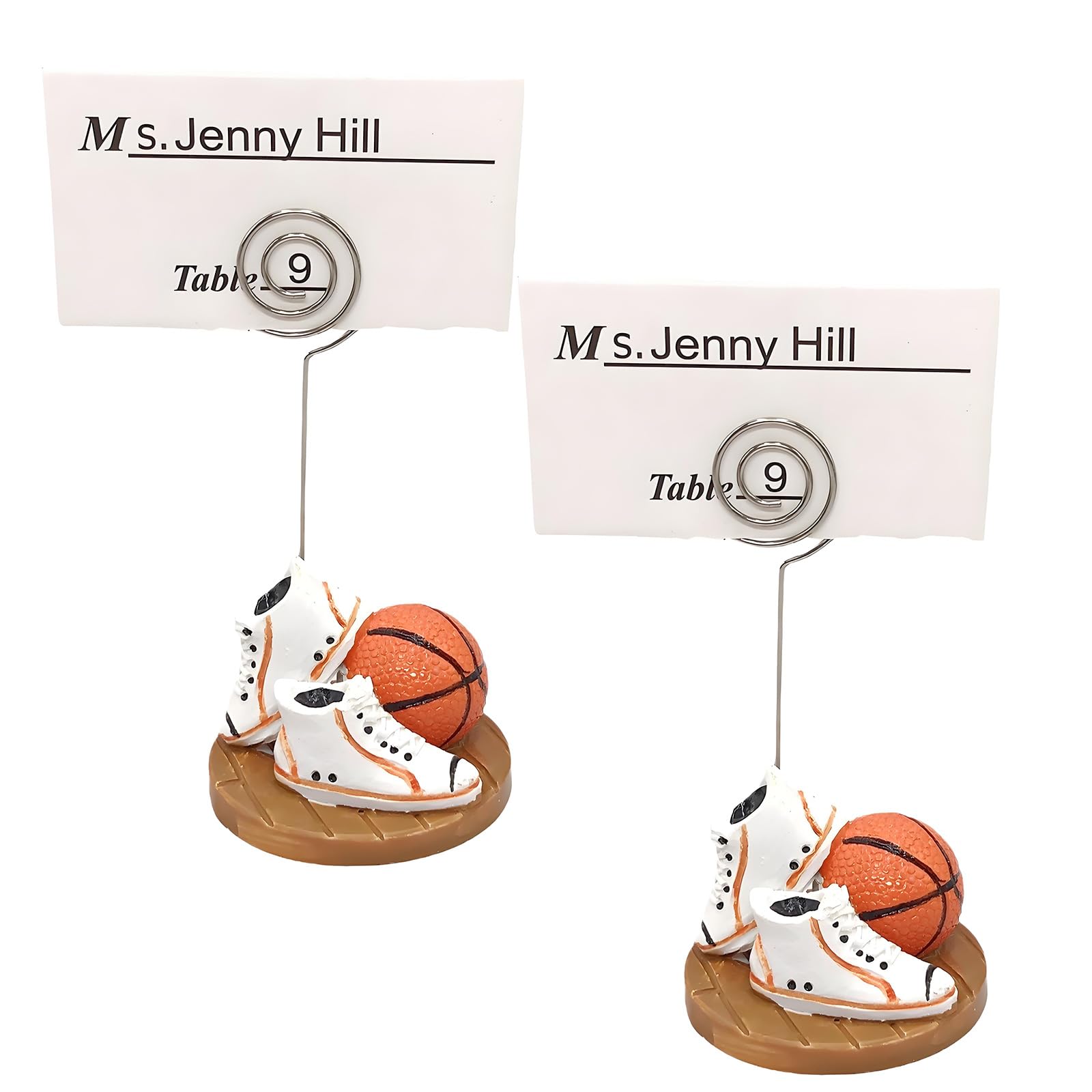 our fave 2Pcs Sports Theme Card Holder Basketball Shape Metal Note Memo Photo Display Stand with Resin Base for Wedding Birthday Sports Shoe Name Card Owner