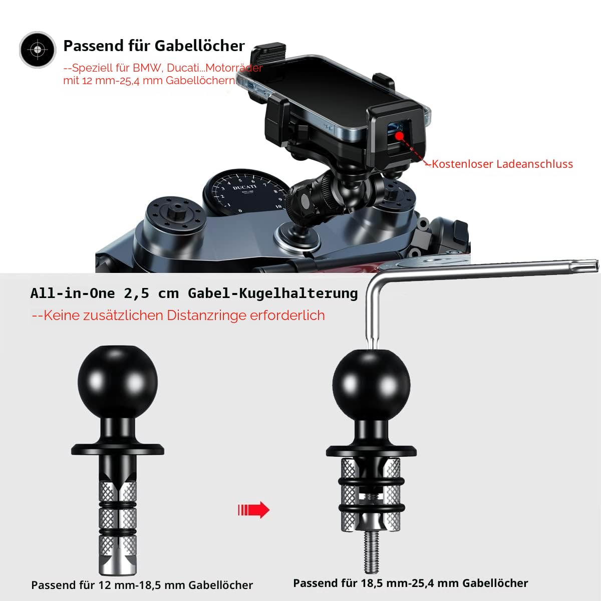 iMESTOU Motorrad Gabelschaft Handyhalterung, Anti-Vibration, 1" Kugel | 1" Kugel Gabelbasis, Anti-Diebstahl Doppelbuchse Arm, Geeignet für BMW Motorräder, Passend für 4,7"-7,2" Handys