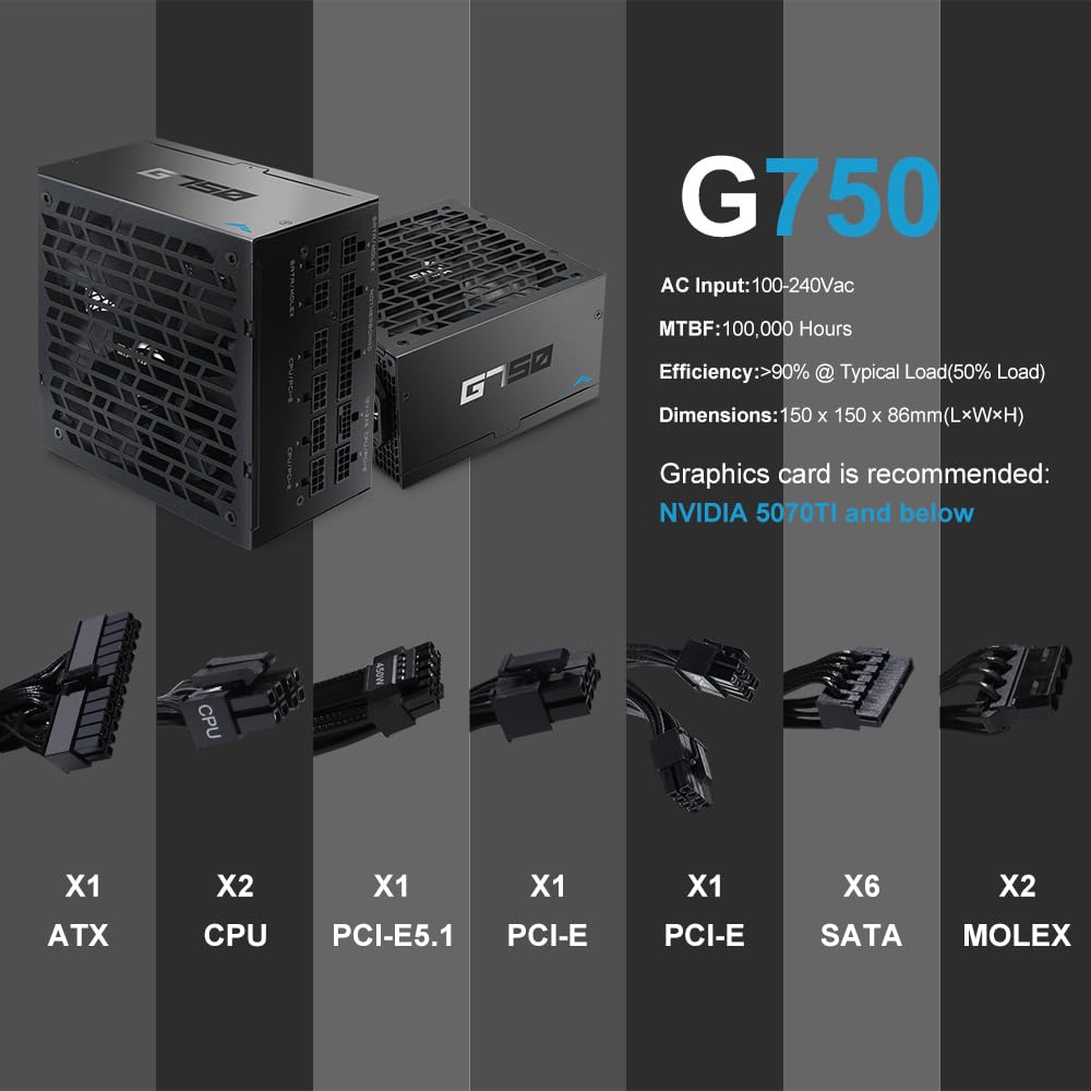 Zasilacz SAMA G750 750W Gold, ATX 3.1, PCIe 5.1, w pełni modularny, czarny | Zasilacz gamingowy z certyfikatem 80 Plus Gold i Cybenetics, japońskie kondensatory, cichy wentylator 140 mm FDB, tryb ECO