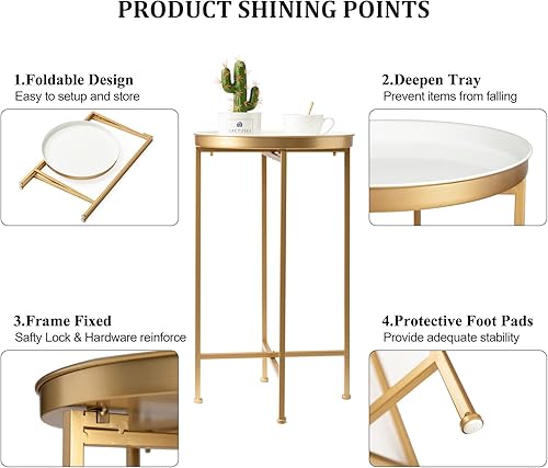 Miniatura 27 de danpinera - Mesa auxiliar redonda de metal, para acentuar interiores y exteriores, pequeña, para poner a un costado del sillón, con bandeja Negro