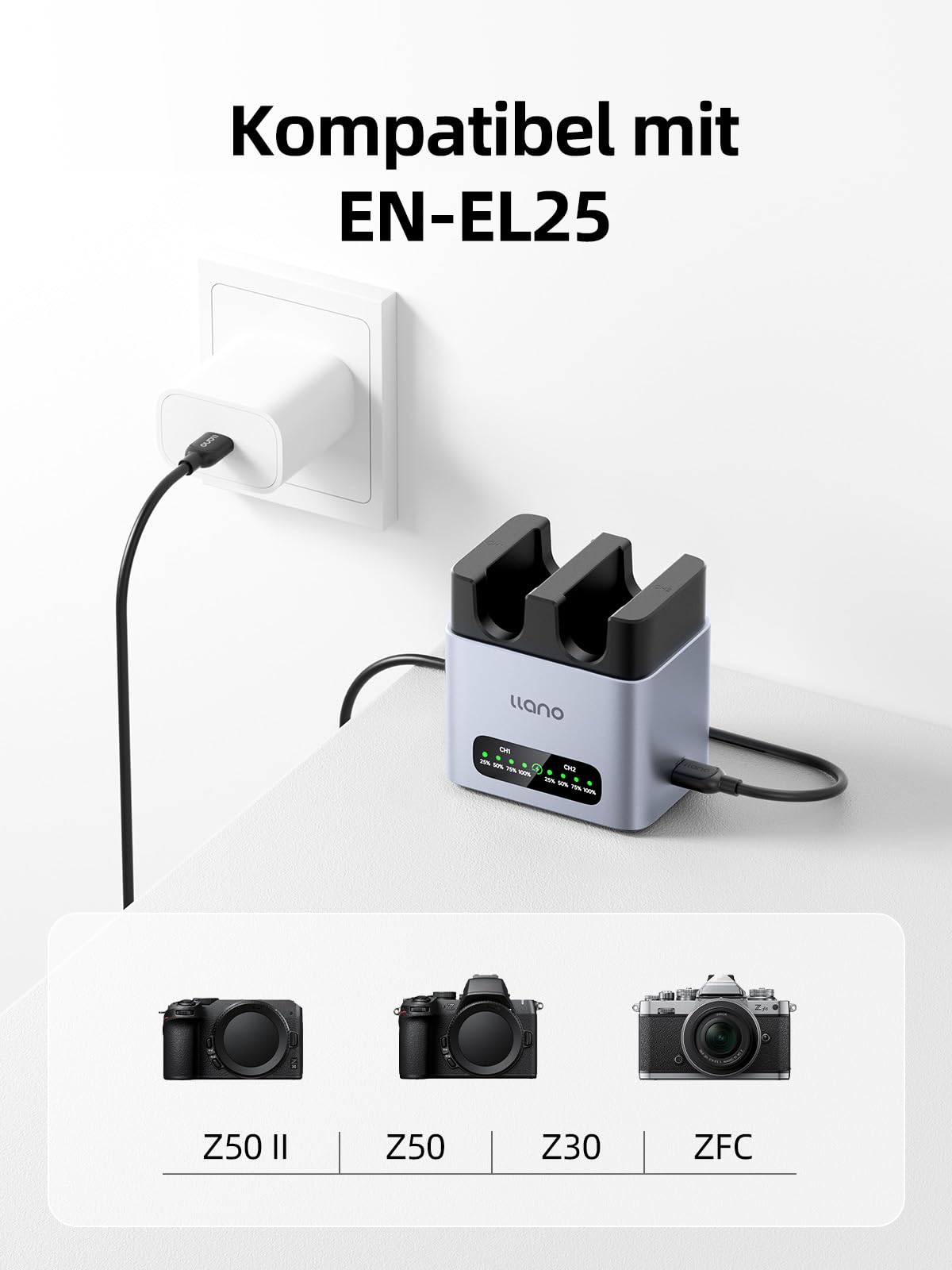llano EN-EL25 Dual-Slot Akku-Ladegerät für Nikon Z50 II, Z50, Zfc, Z30 – PD 20W Schnellladung mit USB-C, wärmeableitendem Aluminiumgehäuse & LED-Anzeige