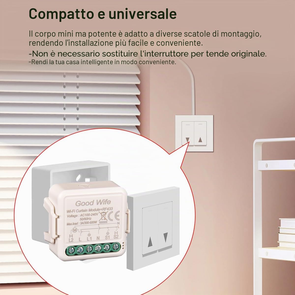 Interruttore Tapparelle RF+WiFi Switch per Tenda, Relè Modulo Comando Smart per Tapparelle Elettriche, Controllo App Smart Life, Comando Vocale Alexa