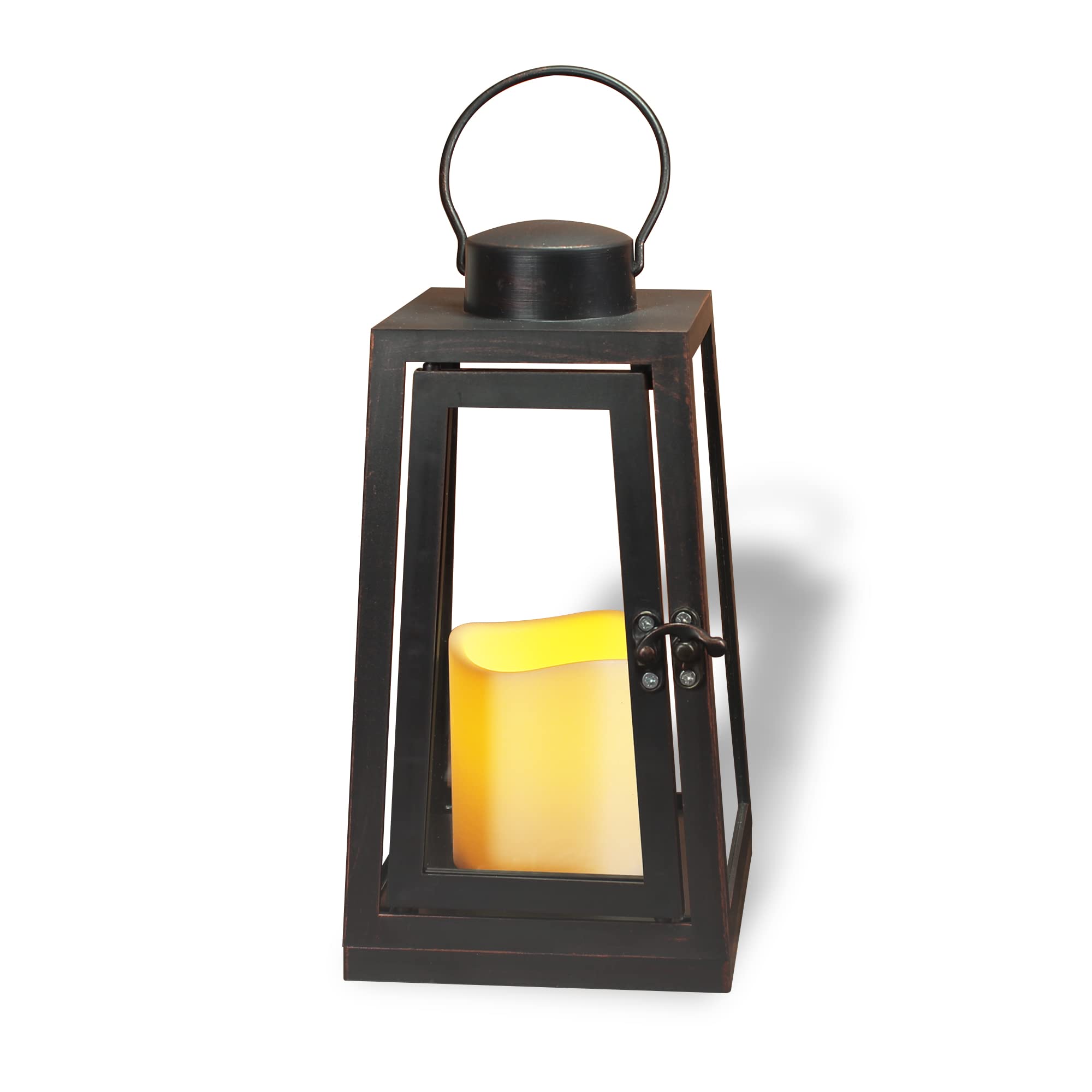 Trapezoidal 8.66"H 1pack Decorative Lantern 8.66" H with Dancing Flame LED Timer Candle, ON/Off/Timer LED Candle with 6 Hours, Hanging Lantern for Outdoor/ Indoor, Garden Use.