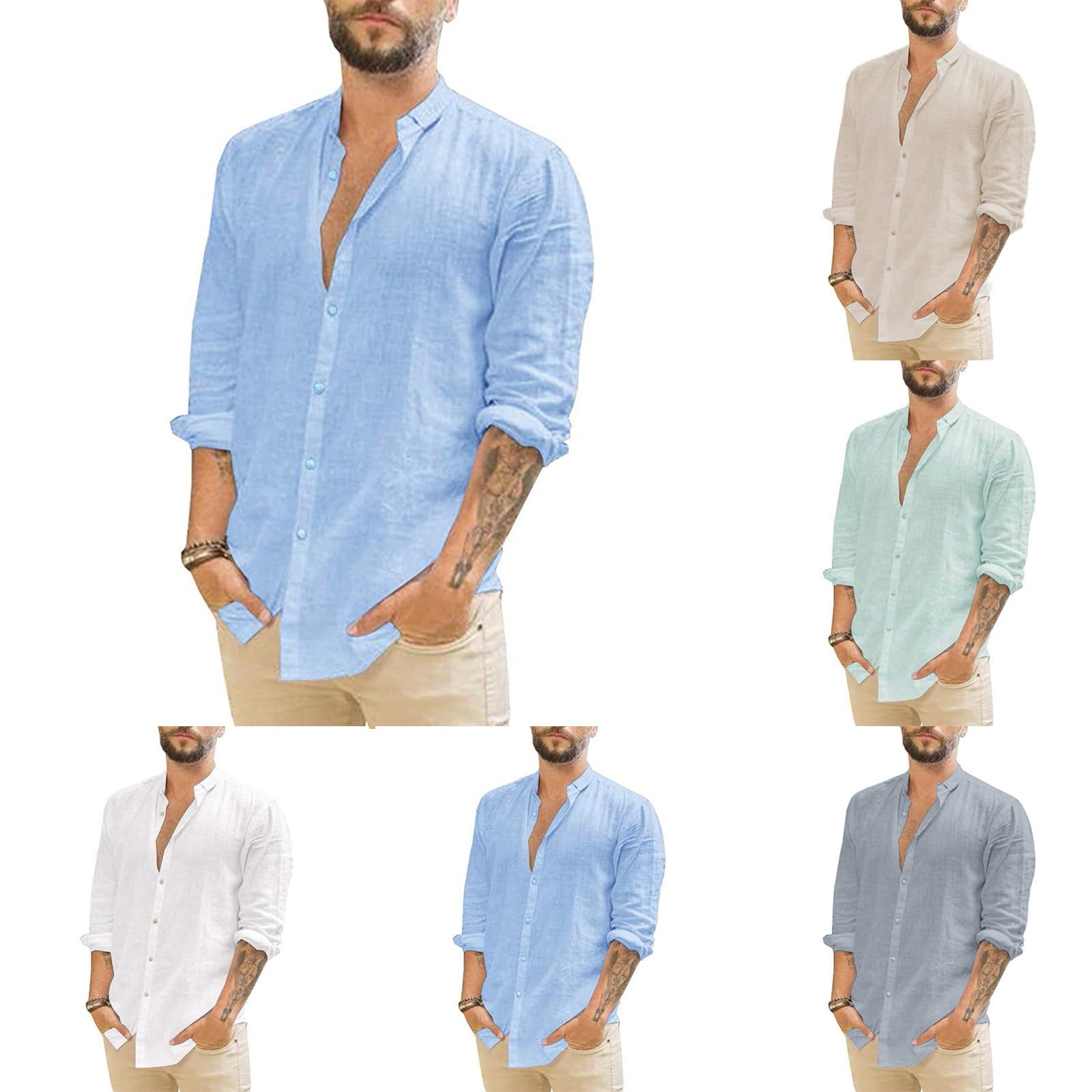 Genérico Hombres Camisa de Manga Larga de Algodón y Lino Corte Regular Ideal para Ocasiones de Playa y Vestir Casual Camisa de Verano Men's Casual Solid Men Shirts