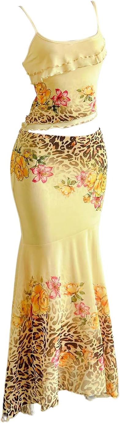 Verdusa Women's 2 Piece Floral Leopard Print Outfit Layered Ruffle Cami Top and Fishtail Maxi Skirt Set Vacation Outfits - Image 3