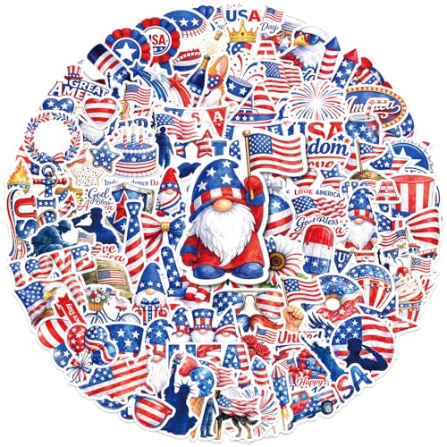 100 Pcs 4th of July Patriotic Stickers-Independence Day Waterproof Vinyl Decals Holiday Sticker Decorations for Laptop Water Bottle Skateboard Luggage Helmet Scrapbook