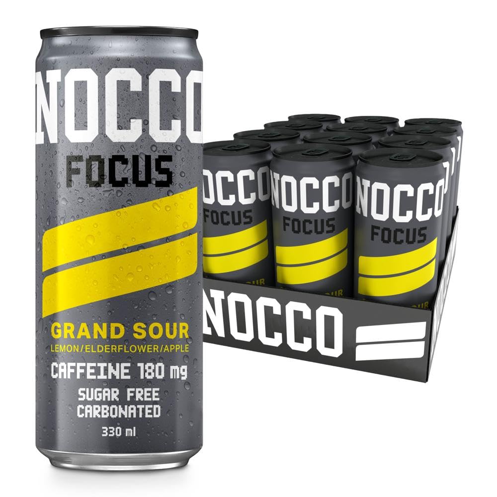 NOCCO Sugar Free Energy Drink – 180mg High Caffeine, Enriched with Amino Acids & Vitamins, Ideal for Pre Workout – 12 x 330ml(Grand Sour)
