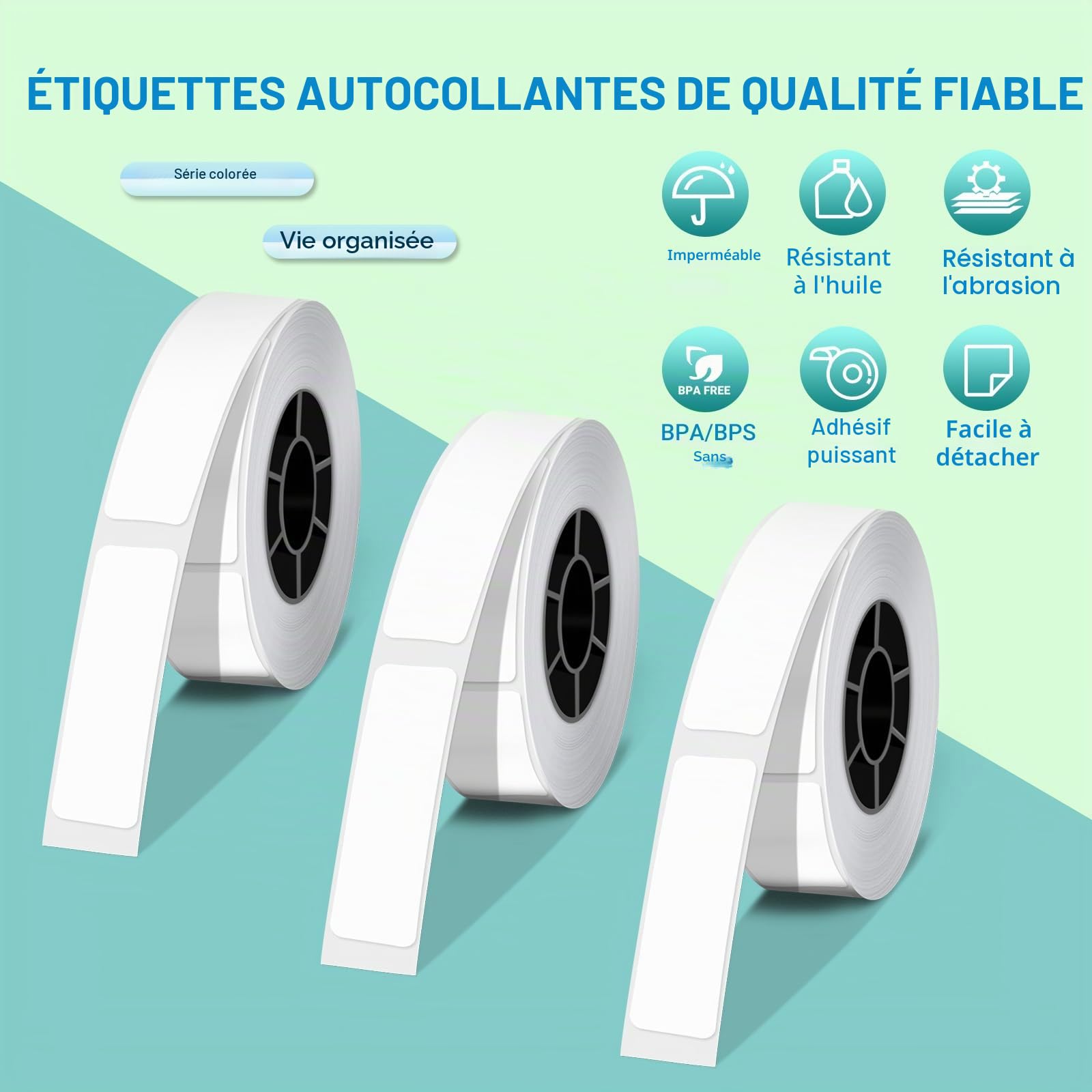 Papier Imprimante Thermique Autocollant 12×40mm 3 Rouleaux Blanc Fourniture Bureau