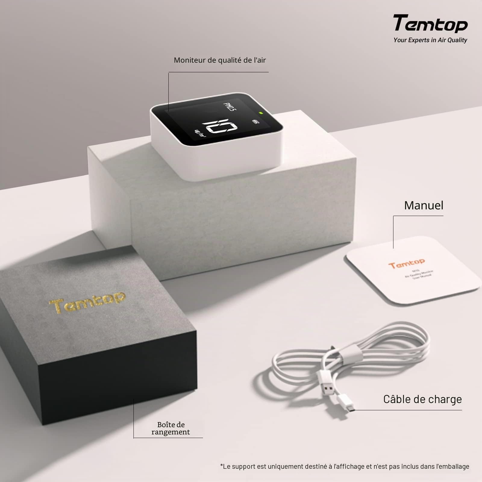 Temtop M10 Surveiller Détecteur de Qualité de l'air pour PM2.5/HCHO/TVOC/AQI, Portable Moniteur Intelligent, Batterie Rechargeable