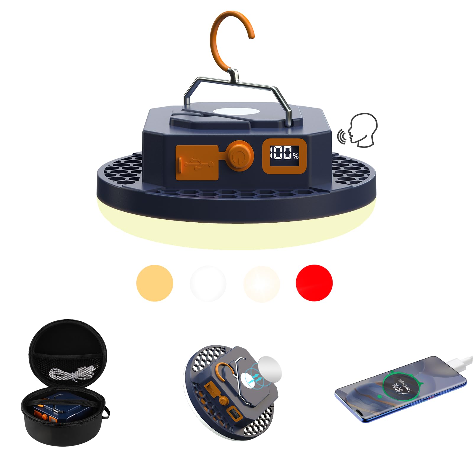 Lampada Campeggio Ricaricabile con Controllo Vocale, 10000mAh, 3000lm, 4 Modalità di Illuminazione, Illuminazione Esterna Controllabile Dalla Voce, Lanterna da Campeggio Impermeabili IPX4