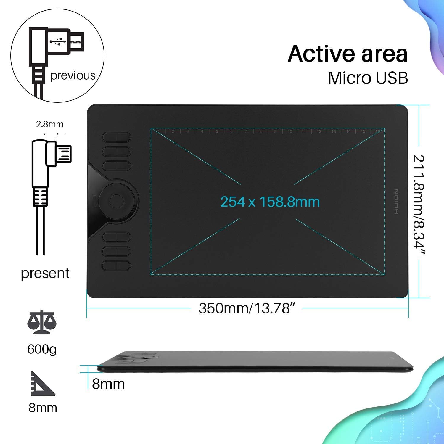 HUION Tableta gráfica HS610 lápiz digital sin batería con función de inclinación, macOS Android Windows