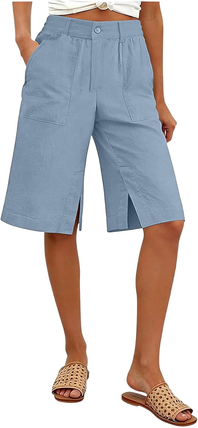Linen Bermuda Shorts for Women Dressy High Waisted Casual Elastic Pleated Wide Leg Summer Shorts with Pockets