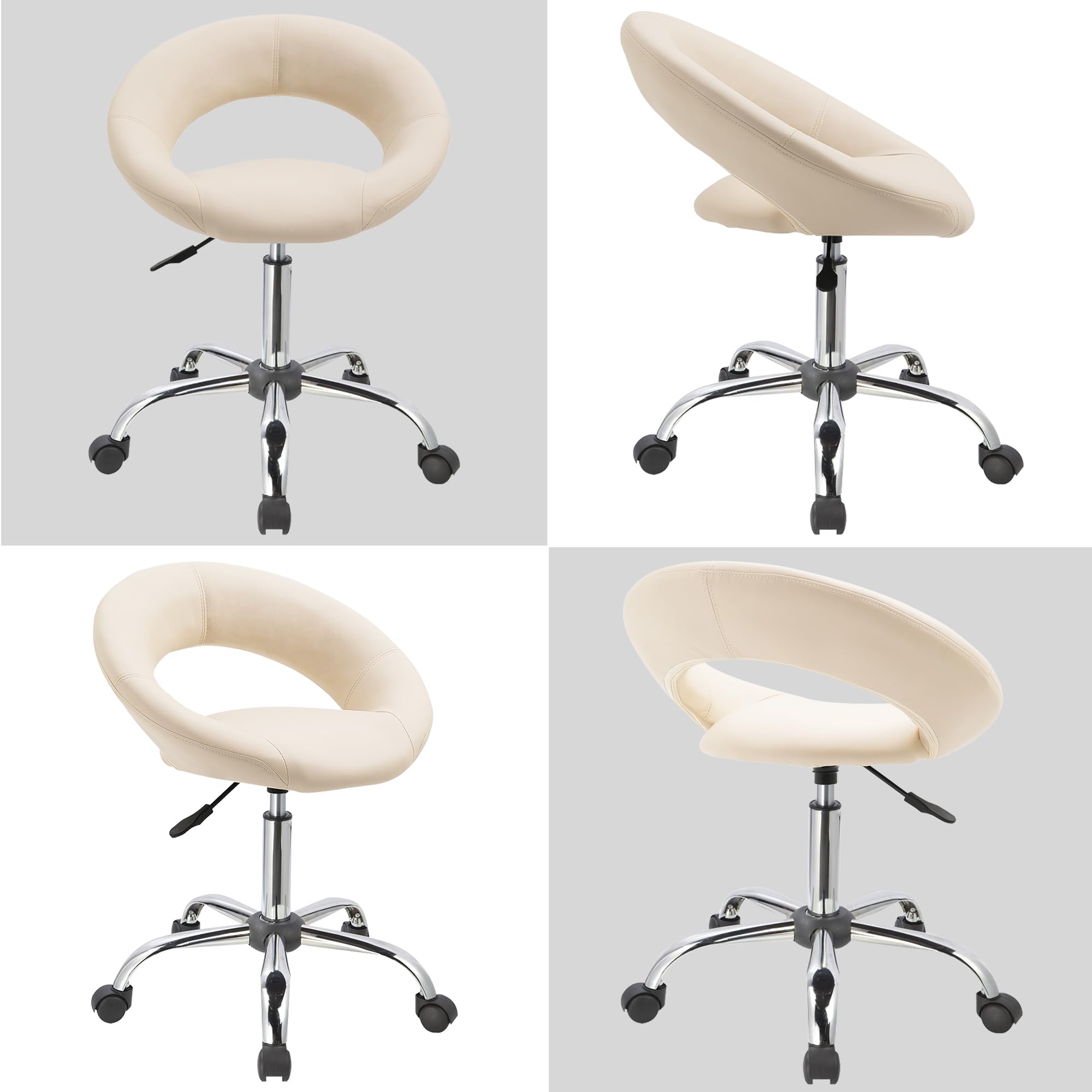 Duhome Drehstuhl mit Rollen, Rollhocker Kunstleder Drehhocker Schminktisch Hocker mit Lehne Arbeitshocker Bürohocker Höhenverstellbar, Creme