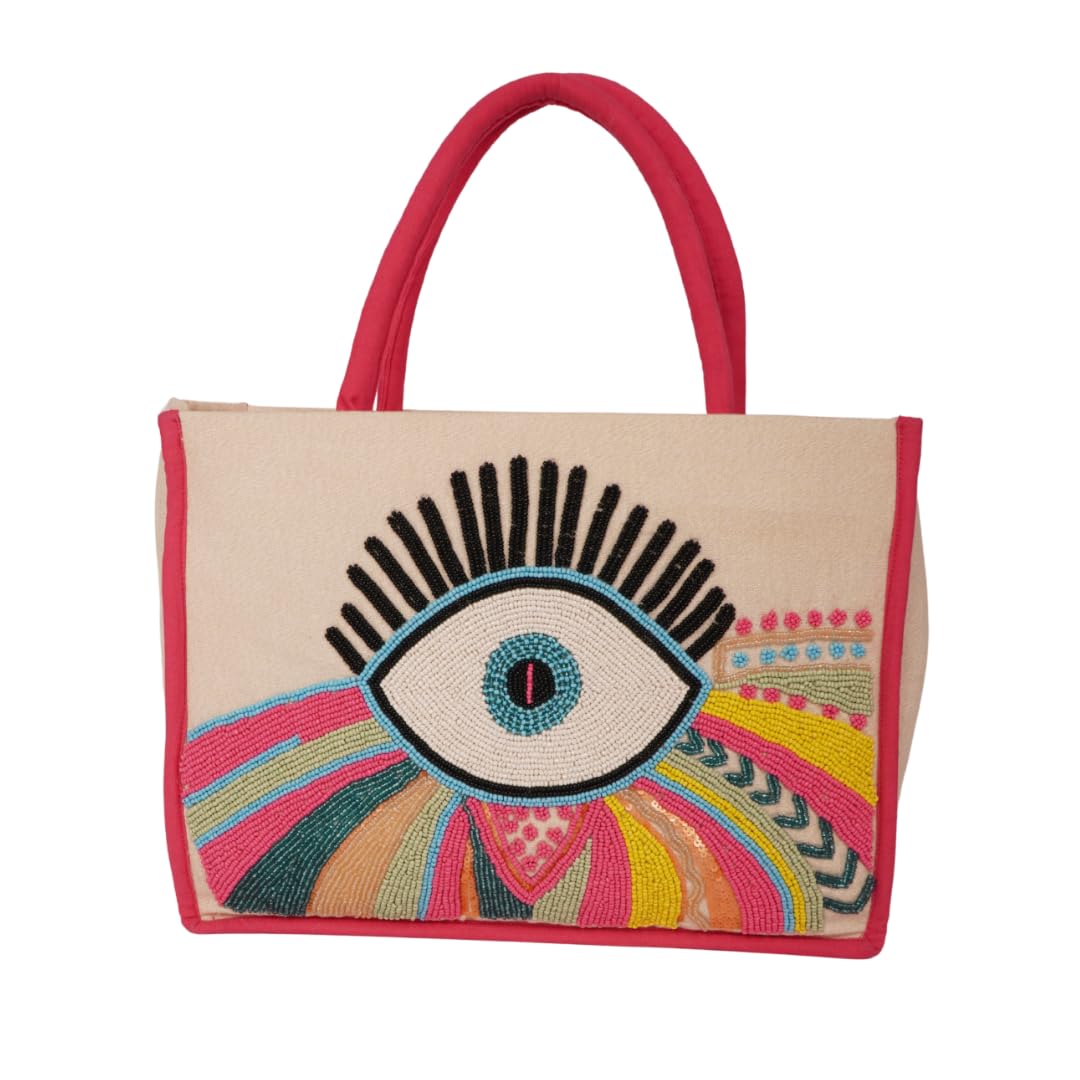 Radiant Eye Tote – Pink Trimmed Boho Chic Statement Bag-image-46