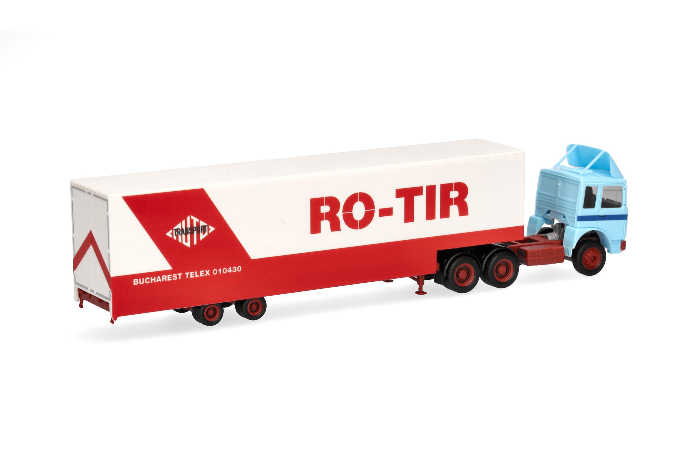 Herpa model ciężarówki Roman Diesel 6x4 zestaw z naczepą Jumbo „RO-TIR” (Rumunia), miniatura w skali 1:87, model kolekcjonerski, Made in Germany, tworzywo sztuczne