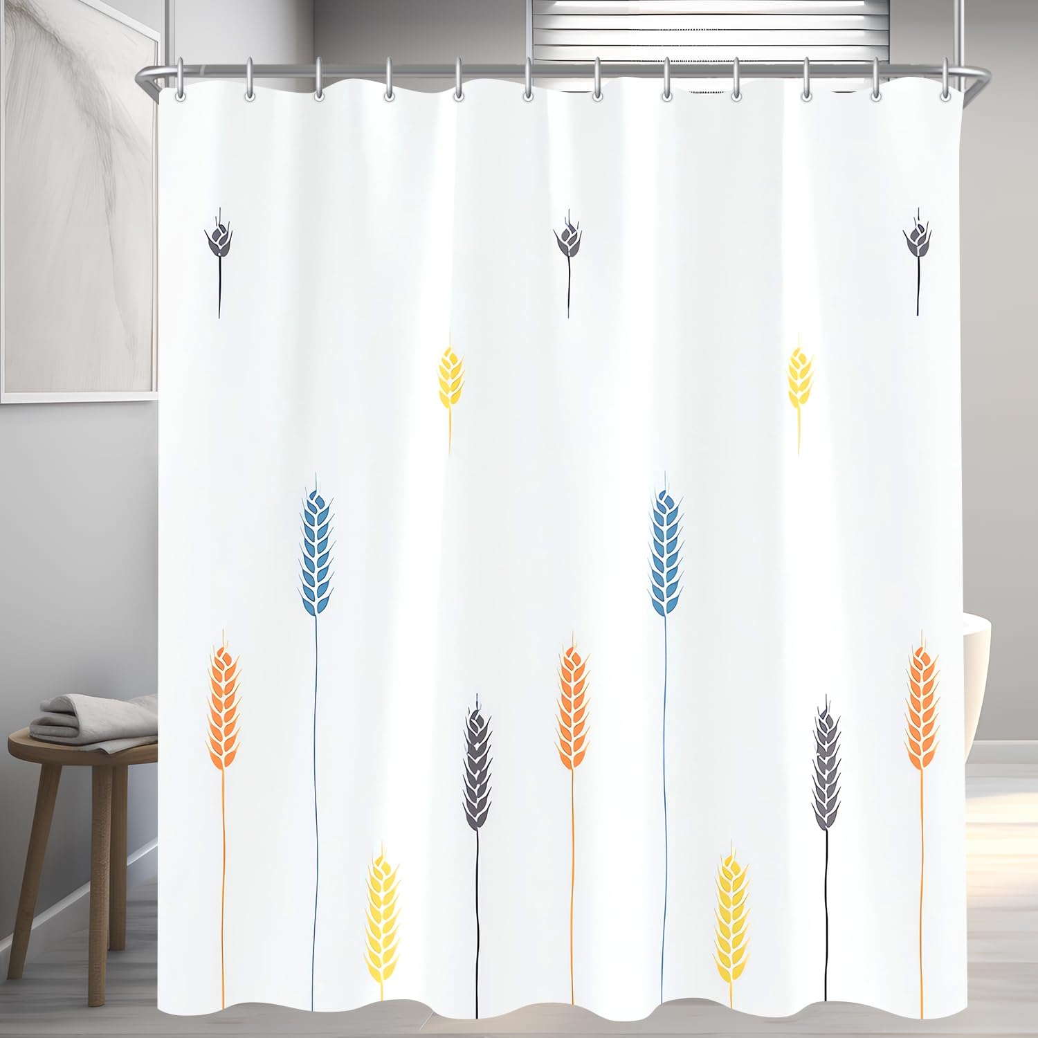 Lerores Shower Curtain, 180 x 200 cm, Colourful Wheat Ears, Weighted Hem, Anti-Mould Textile, Water-Repellent