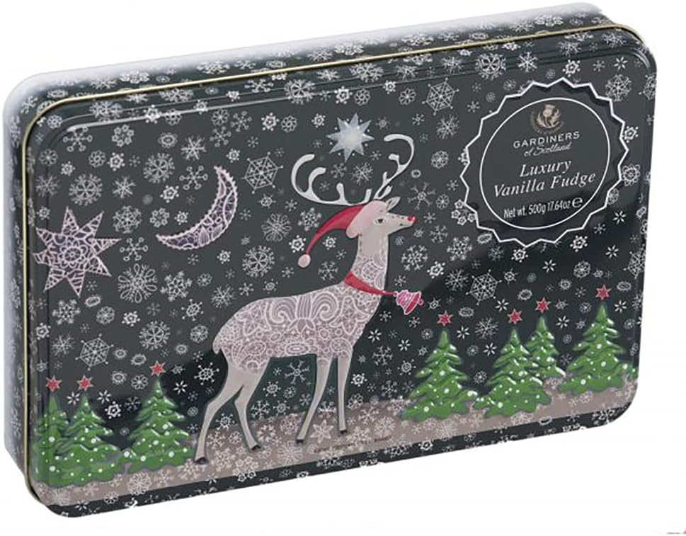 Handmade Fudge, Reindeer Vanilla Fudge 14 Ounce Large Tin
