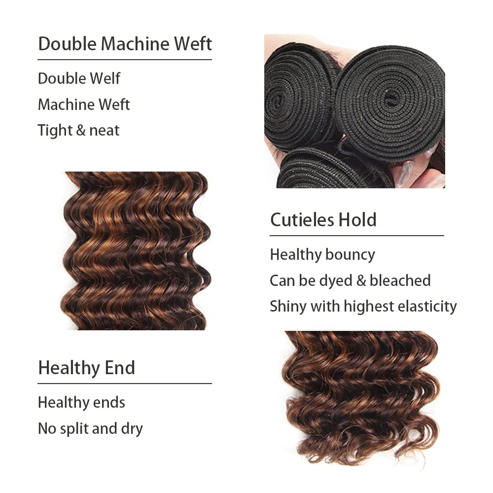 Creuost Human Hair Bundles p4/30 Highlight Brown Color Deep Wave Weave 3 Bundles Total 300g Unprocessed Glueless Virgin Double Weft Human Hair Extension 30 32 34 Inch - Image 3