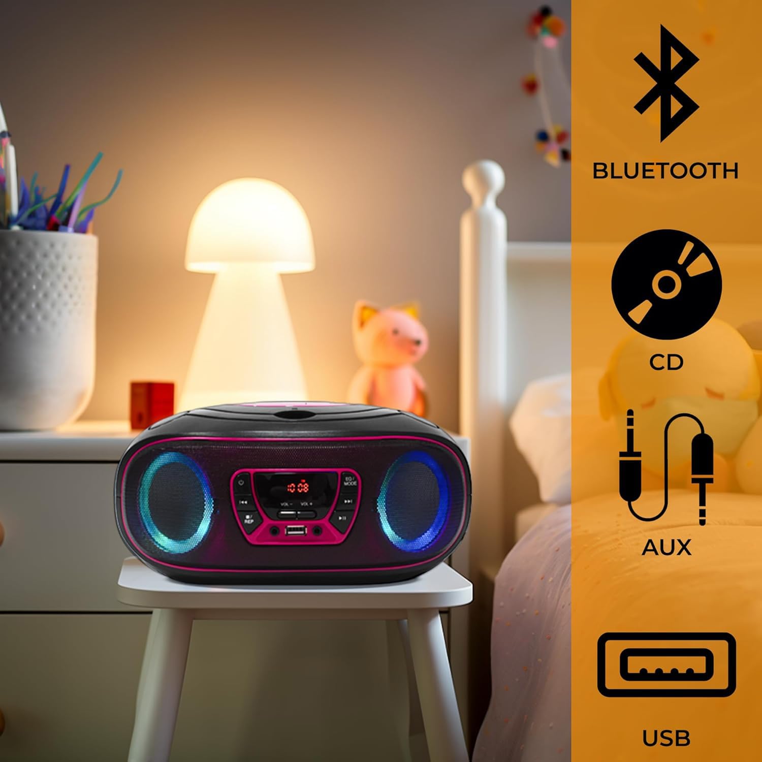 Denver TCL-212BT Boombox CD Bluetooth, Radio FM, USB MP3, AUX, Toma de Auriculares, Altavoces estéreo, Rosa