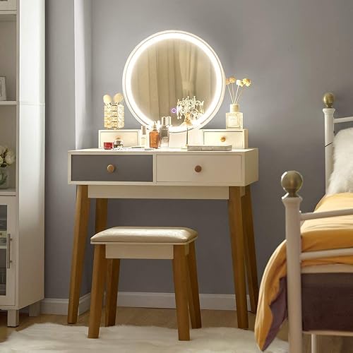 Miniatura 2 de Juego de tocador, espejo redondo LED con pantalla táctil, tocador con taburete acolchado, 4 cajones de almacenamiento y escritorio espacioso, 3