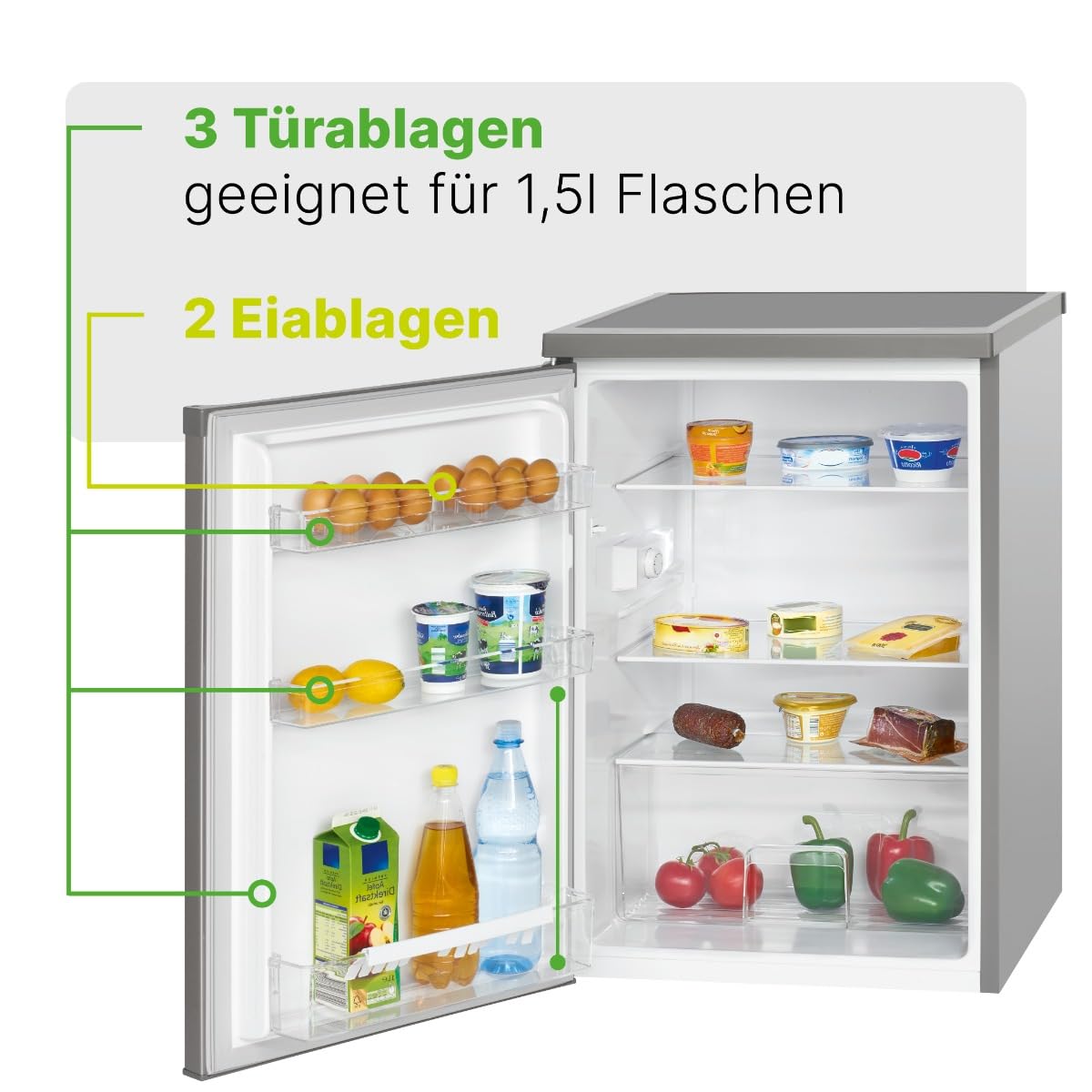 Bomann Frigorifero 133L in acciaio inox VS2185-1-inox, Capacità netta: 133 litri, Illuminazione interna a LED, Controllo continuo della temperatura, 3 ripiani in vetro