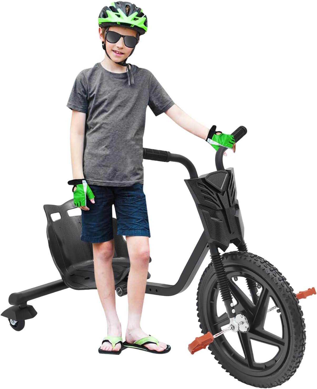 Drift Trike Tricycle for Kids Ages 6+ - Scooter Wheels with Bucket Seat - Adjustable Length, 40cm Rubber Front Wheel, Holds up to 80kg, for Drifting, Tricks, and Fun