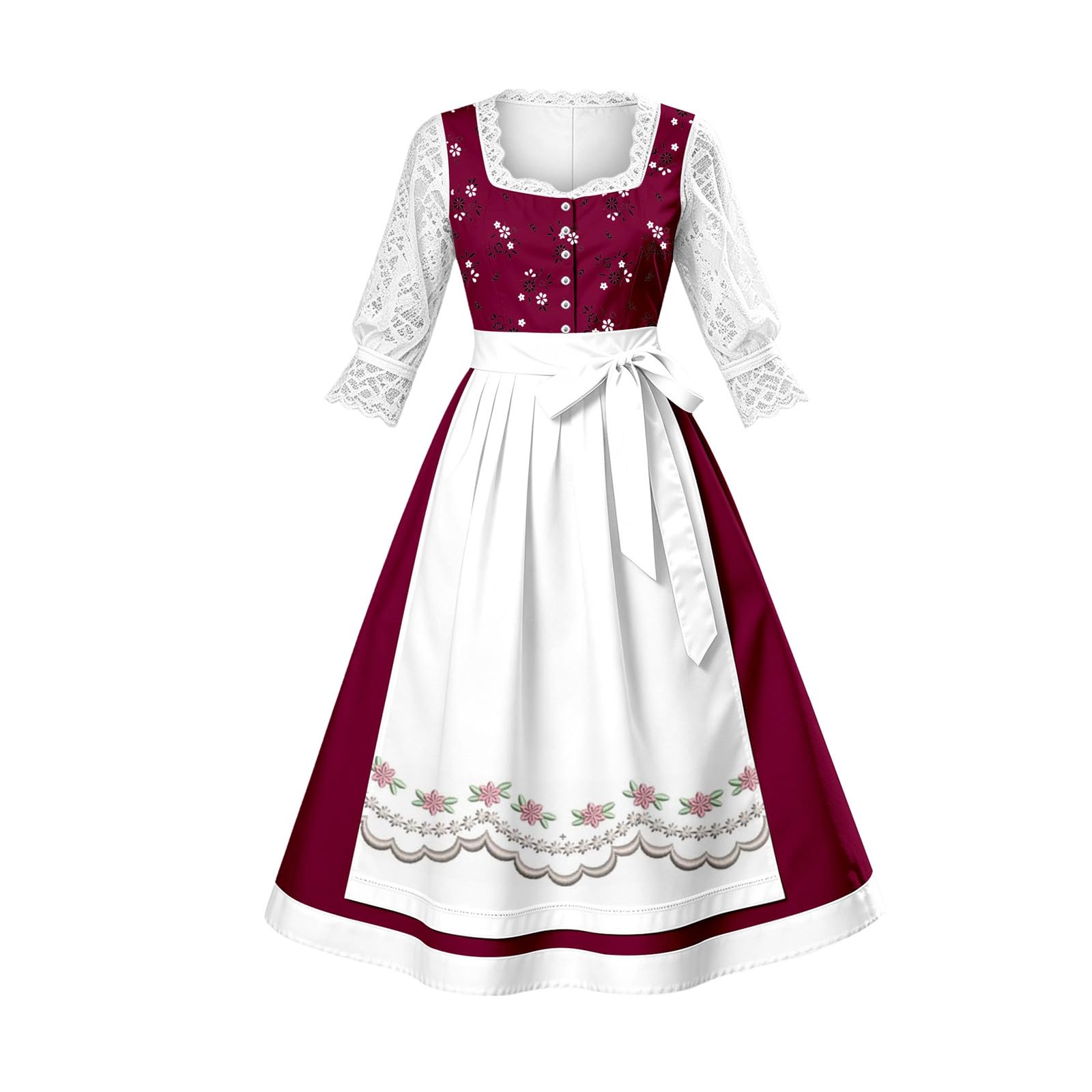 Abito Lungo da birreria dell'Oktoberfest con Stampa Floreale Francese, Vita Impero e Fiocco in Vita, Stile Corsetto.