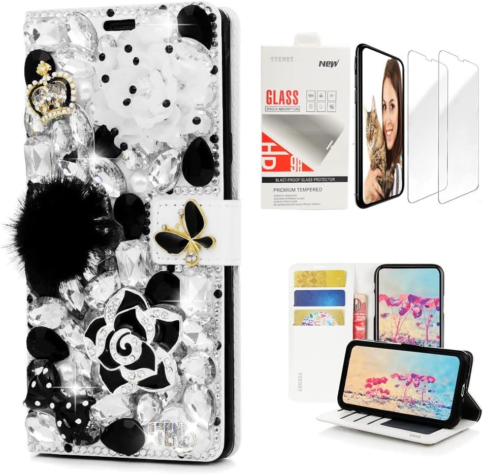 STENES Bling Wallet Phone Case Compatible with LG Stylo 6 - Stylish - 3D Handmade Diamond Key Girls Bag Crown Flowers Leather Cover with Screen Protector [2 Pack] - White