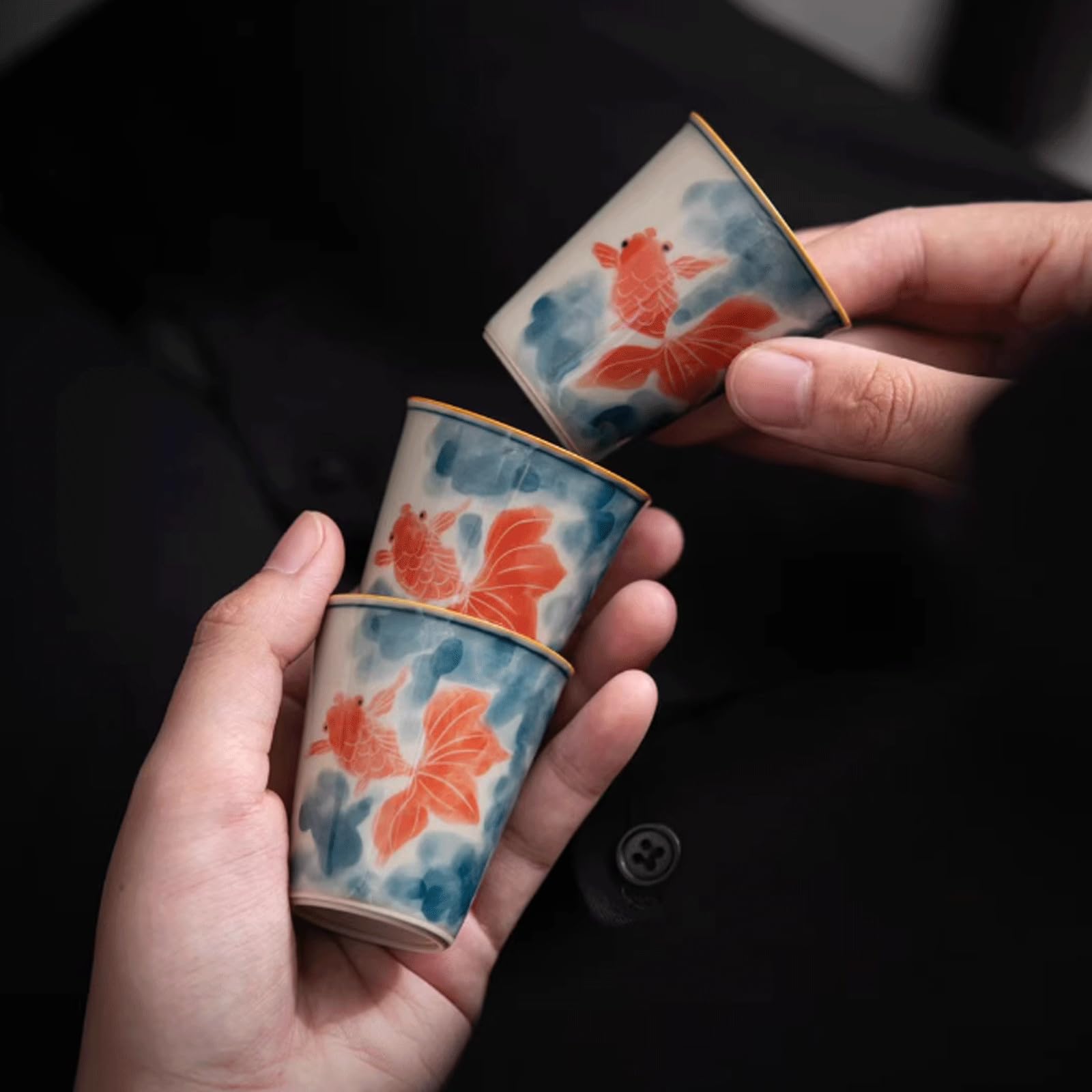 esmen Service à saké en céramique, Texture de Poisson Rouge, Tasses en céramique, Artisanat Traditionnel en Porcelaine, poterie, Verres à vin, Ensemble de 3 Tasses à saké