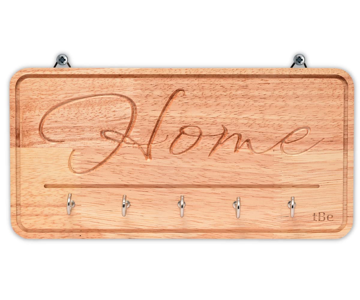 TBE DESIGNS Wooden Wall Mounted Rectangular Home Engrave Design with 5 Hooks Key Organiser Hardwood, Size 25 x 12.5 cms, Natural