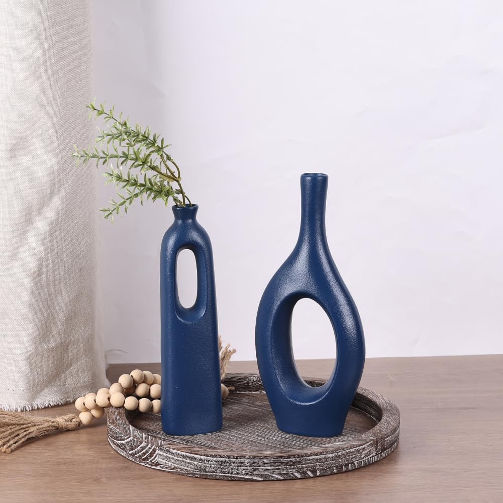 Nordic Blue Round Vase Set,4 Blaue Keramik Ovale Donut Vase, Minimalistische Moderne Wohnkultur, Matte Blue Dekorative Vase für Home Decor Büro Einweihungsgeschenk Wohnzimmer Esstisch Pampasgras Dekor