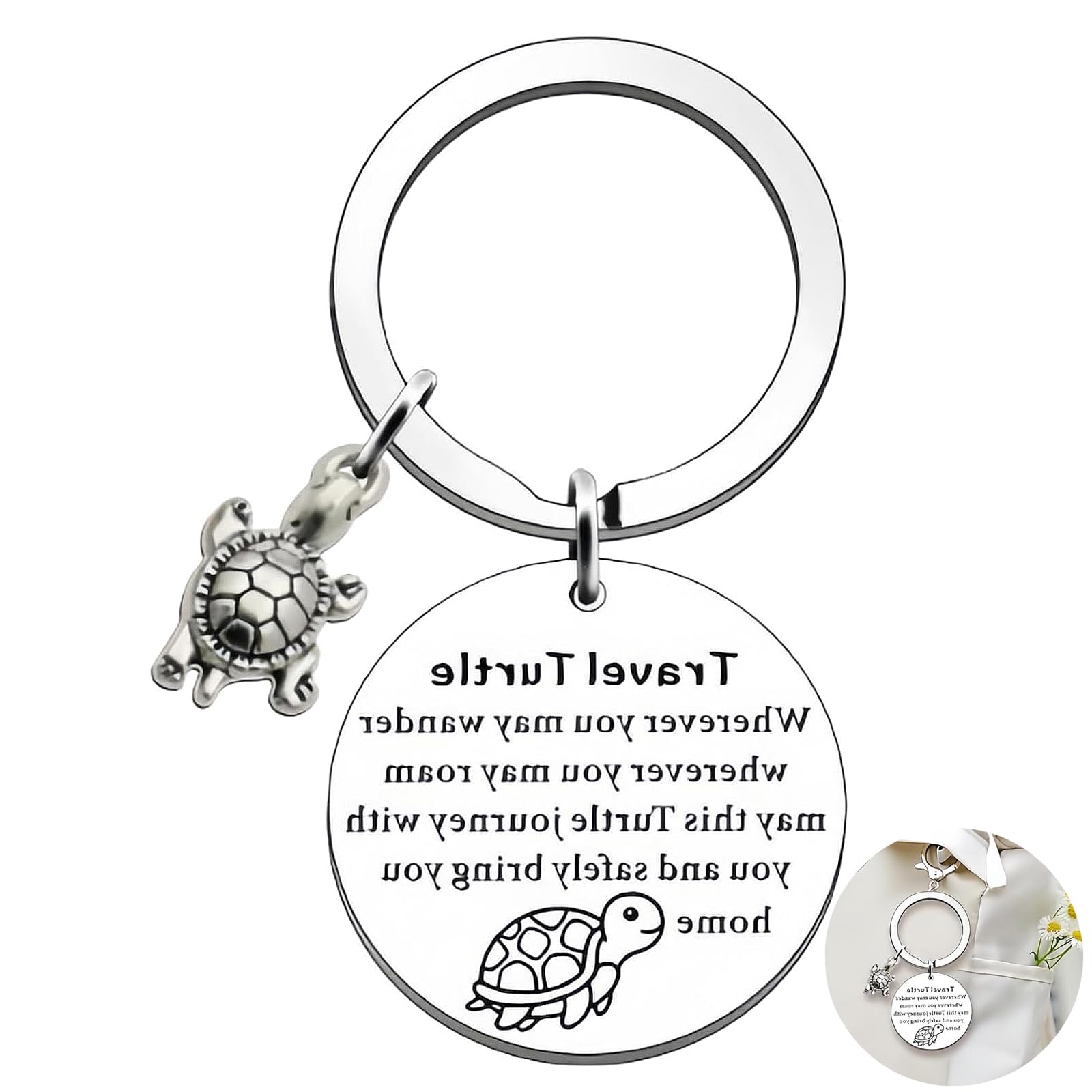 Leequnq Unisex Silver Travel Turtle Keyring, Travel Keychain, Gifts For Someone Going Travelling, For Her Sister Bff Best Friends Colleague Graduation(Silver)