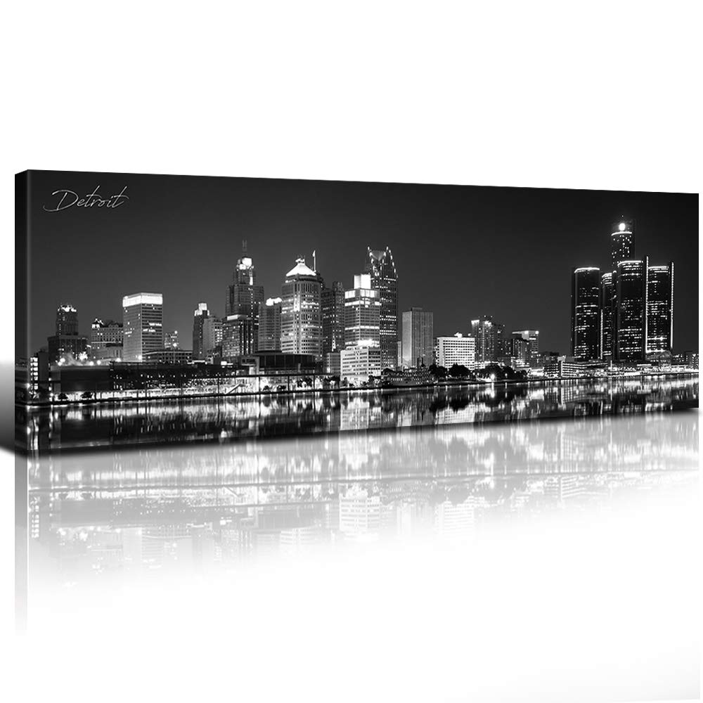 Detroit Skyline Wall Art Michigan City Canvas Prints Black and White Detroit Pictures Bedroom Decor USA Downtown Skyscraper Night Panoramic Paintings Artwork for Living Room Home Decorations 14x48”
