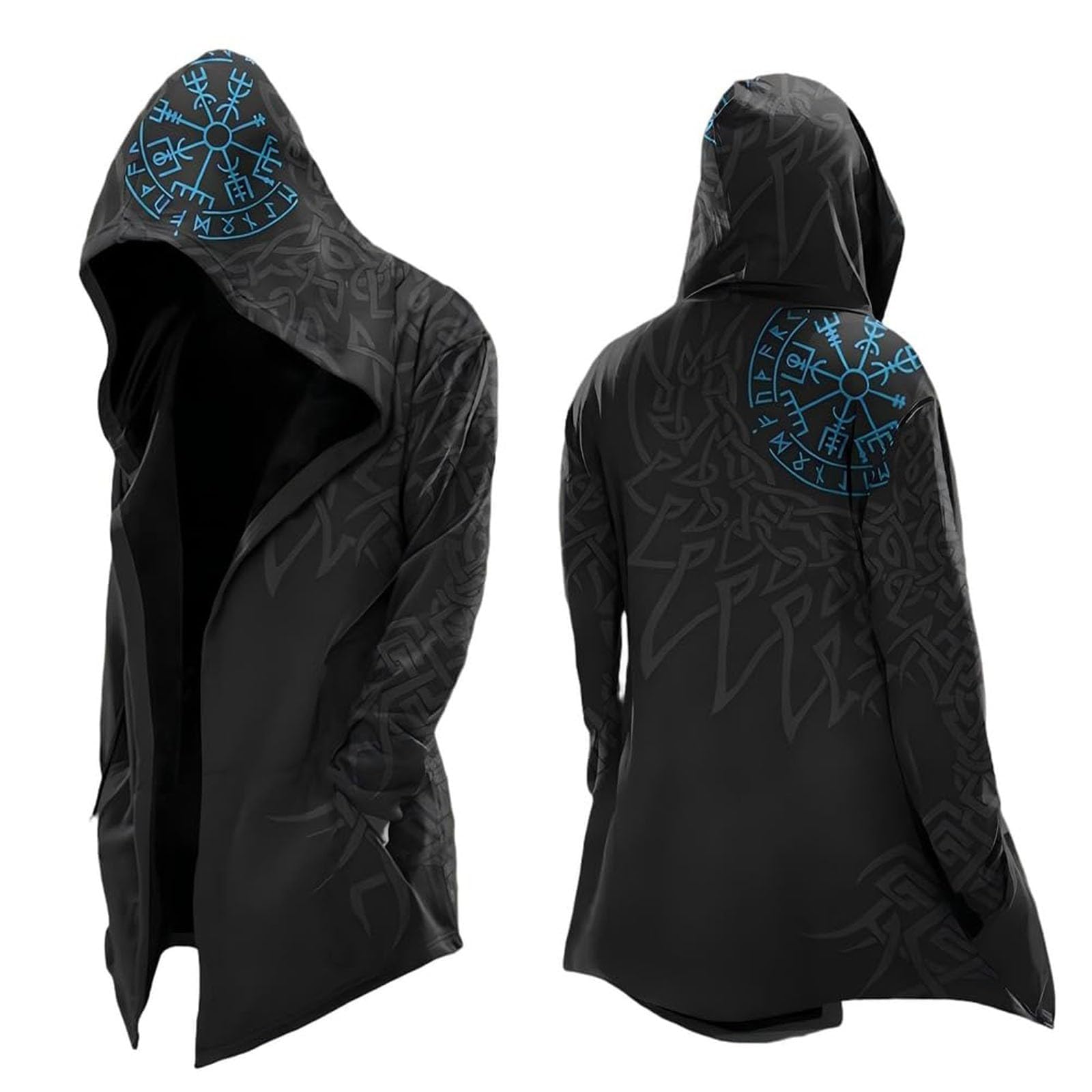 Generisch Viking Hoodie Men's Medium Length Spring Autumn Cardigan Cosplay Costume with Hood 3D Printed Cool Coat Biker Jacket Sweatshirt Sweat Jacket Viking Clothing Men, blue, S