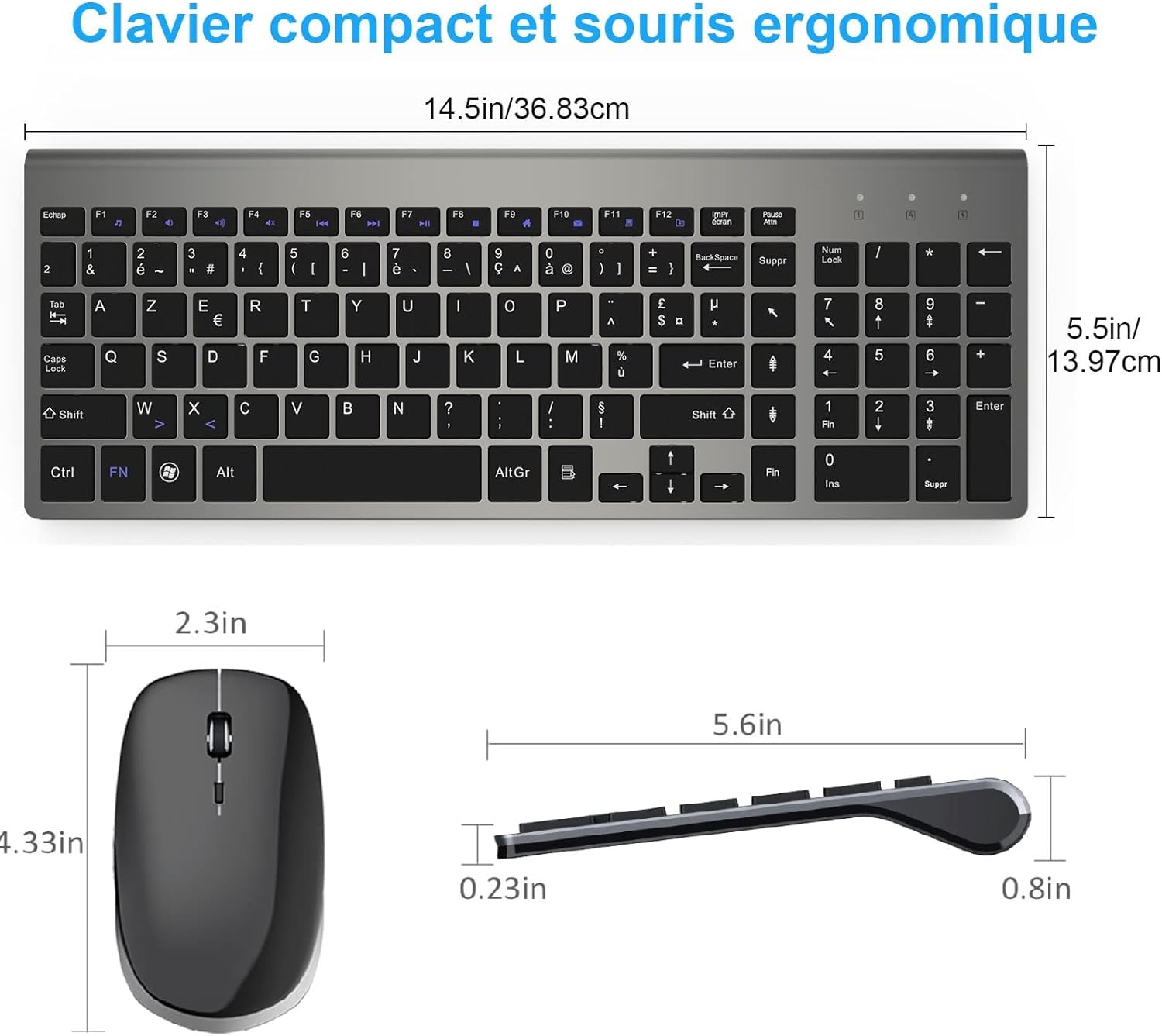 Clavier et Souris sans Fil - Ergonomique 2.4G Silent Compact Clavier de Souris Pleine Taille pour PC/Portable/Ordinateur/Laptop/TV (Noir)