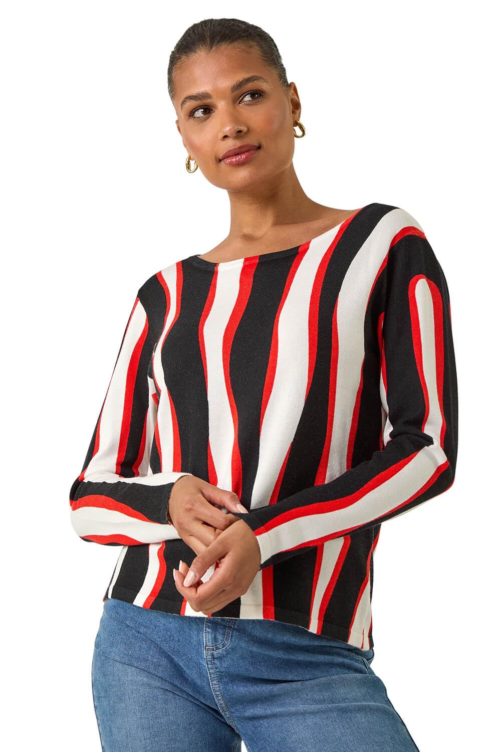 Roman Originals Women's Black Wave Print Knit Jumper For Uk - Everyday Holiday Spring Summer Round Neckline Comfy Soft Evening Vacation Work Party - Size 14
