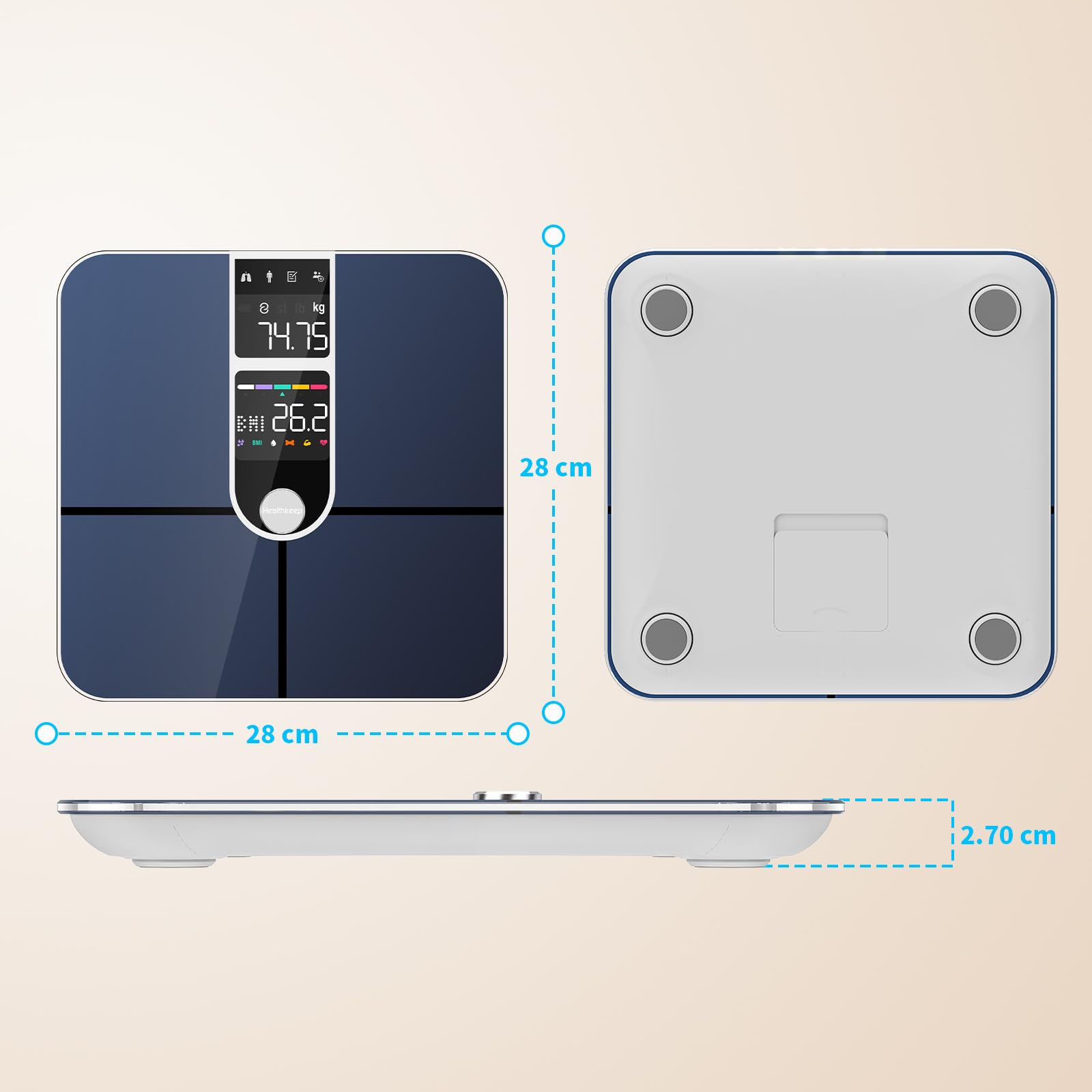 Healthkeep Pèse Personne Balance Connectée Bluetooth Avec 2 Écrans VA et Technologie de Revêtement ITO, 16 Données Corporelle avec Fréquence Cardiaque APP pour Andriod et iOS 180kg/400lb, Argenté