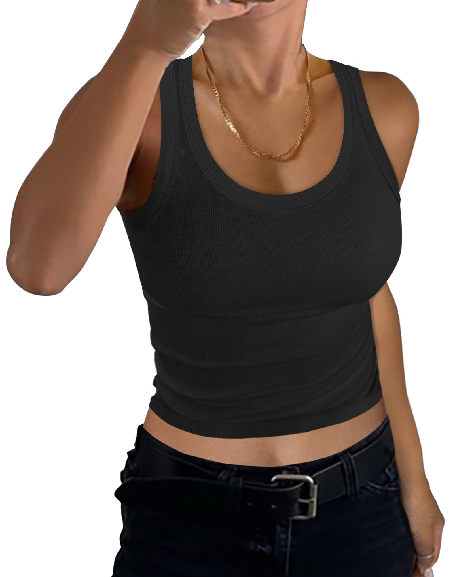 GEMBERA Women Sleeveless Scoop Neck Racerback Ribbed Knit Fitted Teen Basic Crop Tank Top Shirt