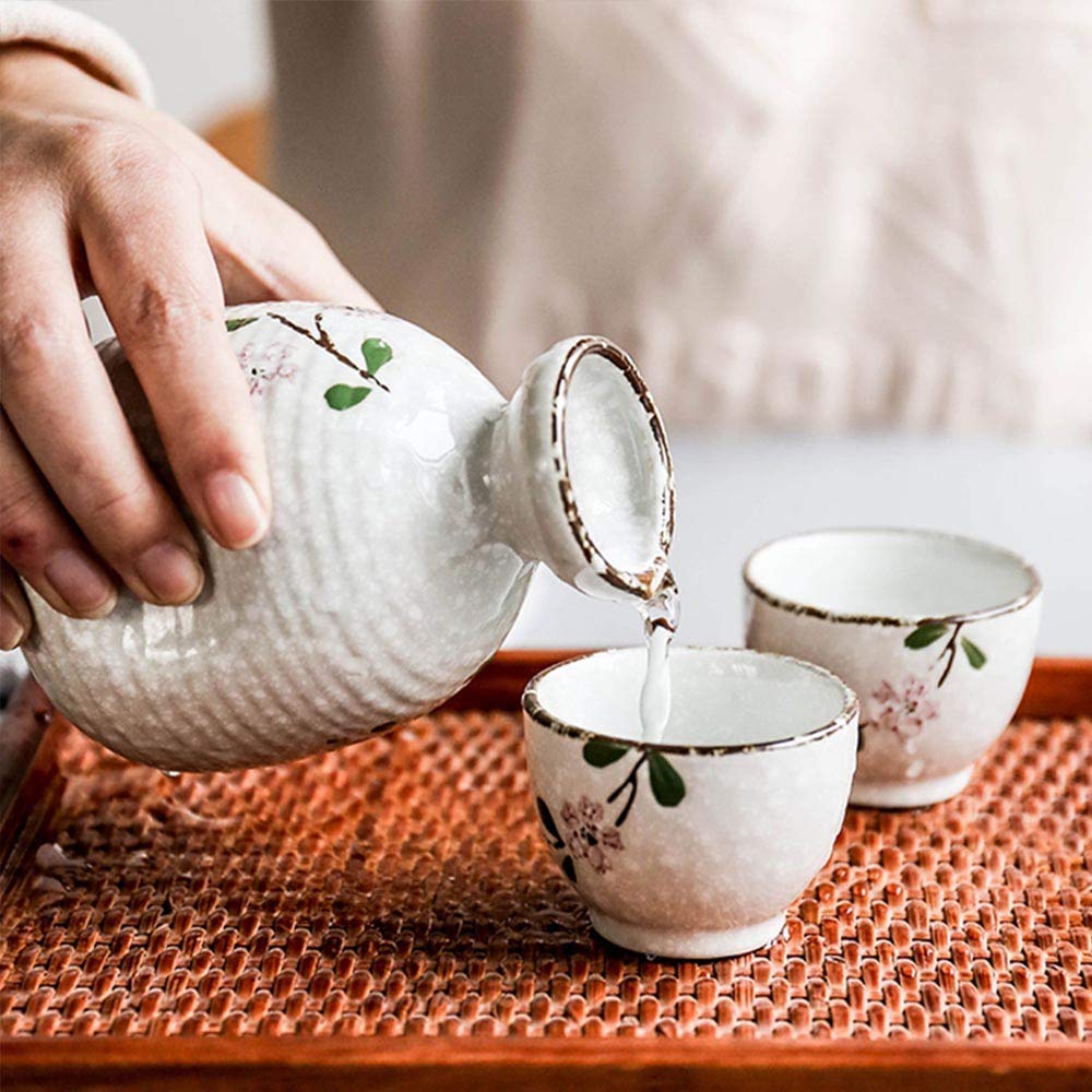 Juego de Sake japonés de 3 Piezas, Juego de Tazas de Sake de Sakura Pintado a Mano, Esmalte de Copo de Nieve de cerámica, para frío/Calor/Shochu/té Familiares y