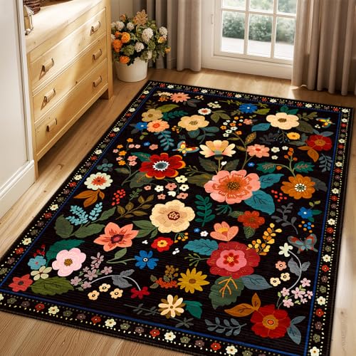 Floral 4x6 Area Rug Machine Washable Soft Print Boho Carpet Non Slip Doormat Low Pile Flower Area Rugs for Living Room Bedroom Nursery Kitchen Dining Room Indoor-Black
