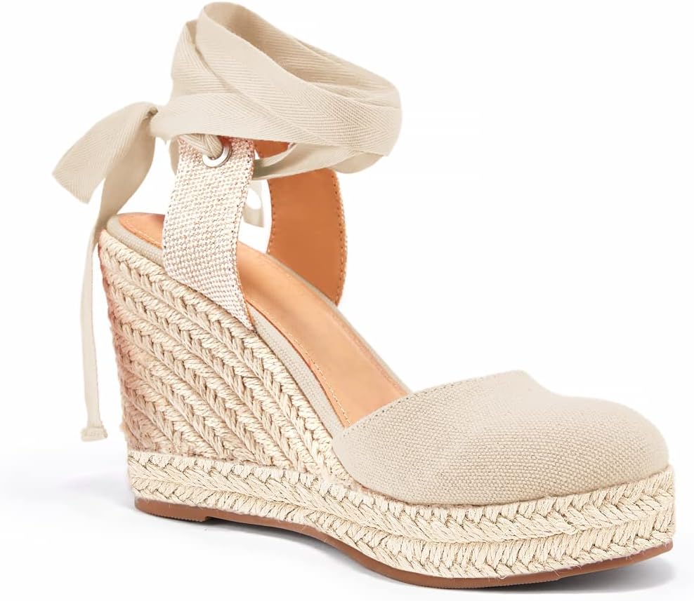 FISACE Womens Summer Espadrille Heel Platform Wedge Sandals Ankle Buckle Strap Closed Toe Shoes - Image 2