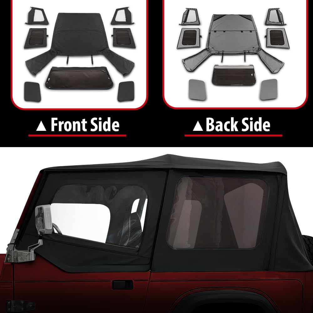 ANDPLAY Soft Top Sailcloth w/plastic windows Compatible with Jeep Wrangler 1987-1995 With Factory Squared Style Upper Doors Only 9870215, 9870217 Black